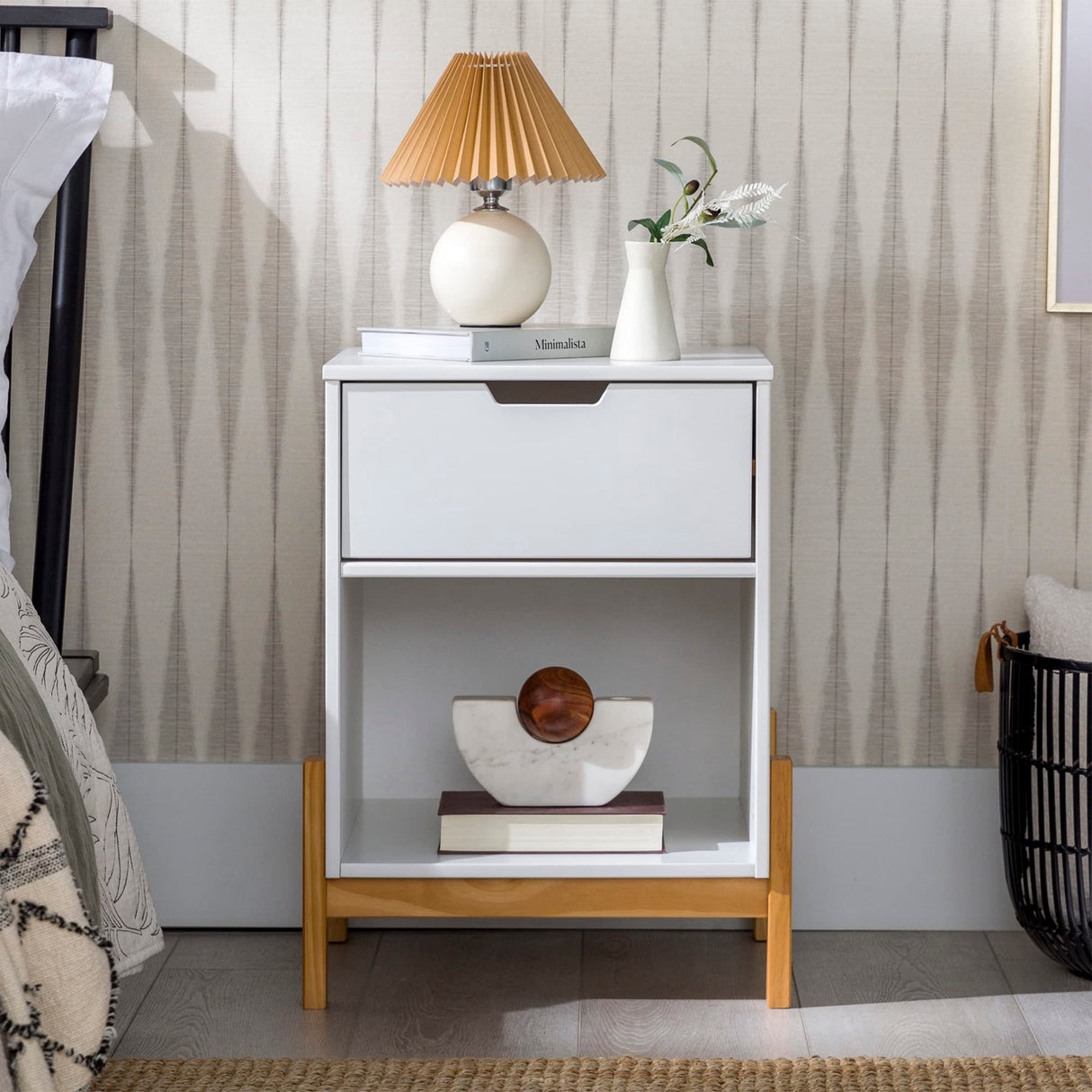 Freja Scandi Minimalist 1-Drawer Solid Wood Nightstand, 16 Inch, White