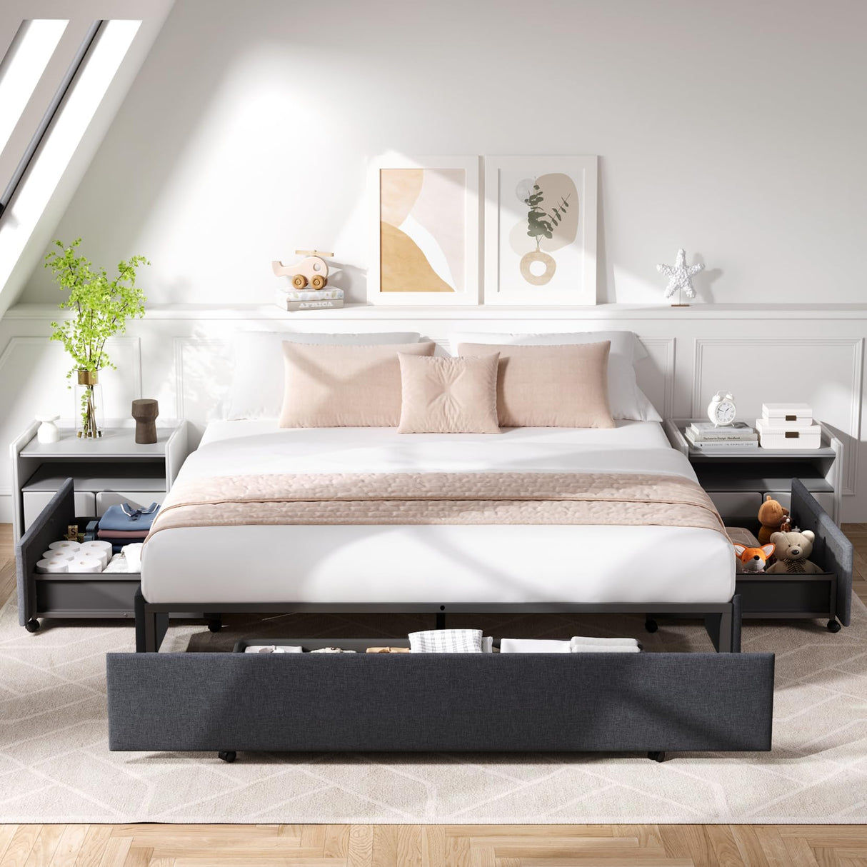 Queen Size Platform Bed Frame with 3 Storage Drawers