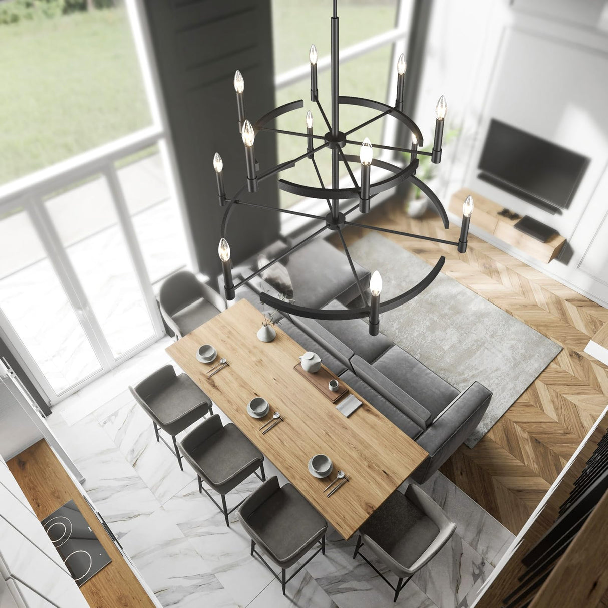 40 Inch Wagon Wheel Chandelier 12 Light, 2 Tier Large Chandeliers