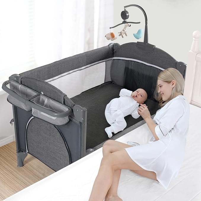 5 in 1 Baby Crib, Bassinet Beside Sleeper, Pack and Play with Bassinet and Changing Table
