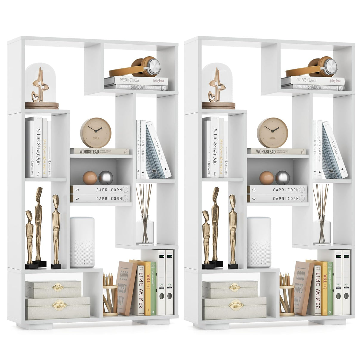 47" Bookshelf Set of 2, Modern Wooden Geometric Bookcase with Open Shelves, Anti-Tipping Kits, Wood Book Case Shelf, Open Cube Storage Organizer Display Rack for Living Room, White