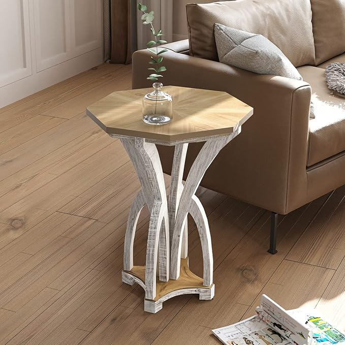Modern Round End Table, 2-Tier Champagne Side Table with Tempered Glass Tabletop