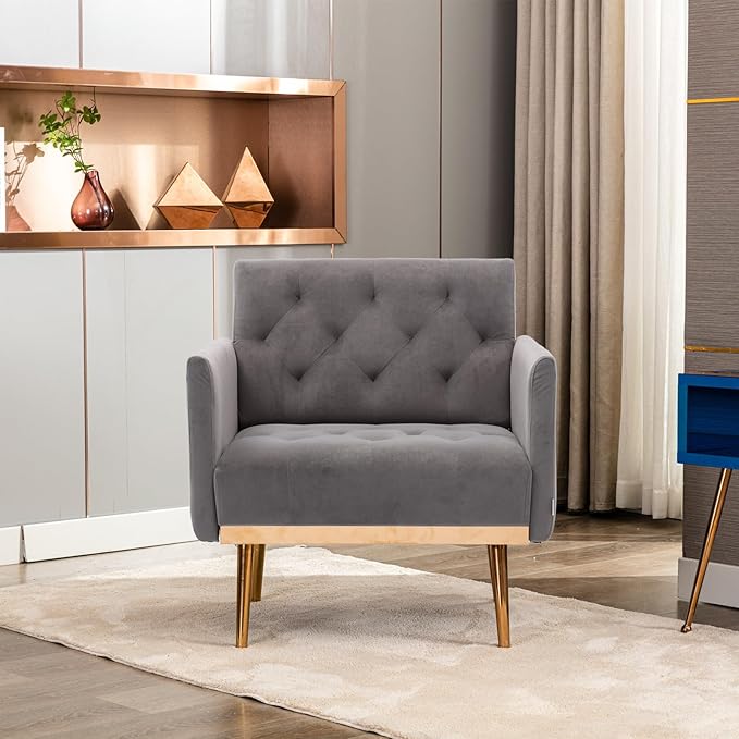 Modern Velvet Accent Chair, Upholstered Single Sofa Chair with Rose Gold Metal Trim, Comfy Living Room Lounge Armchair for Relaxing, Navy Blue