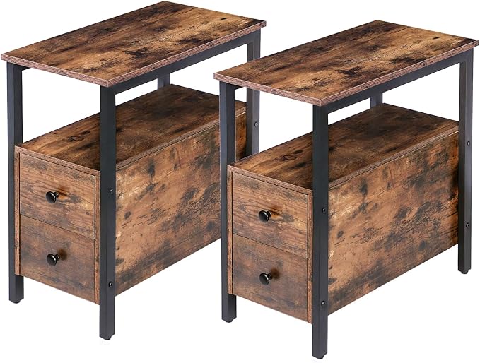 End Table Set of 2, Side Table with 2 Drawer and Open Shelf, Narrow Nightstand