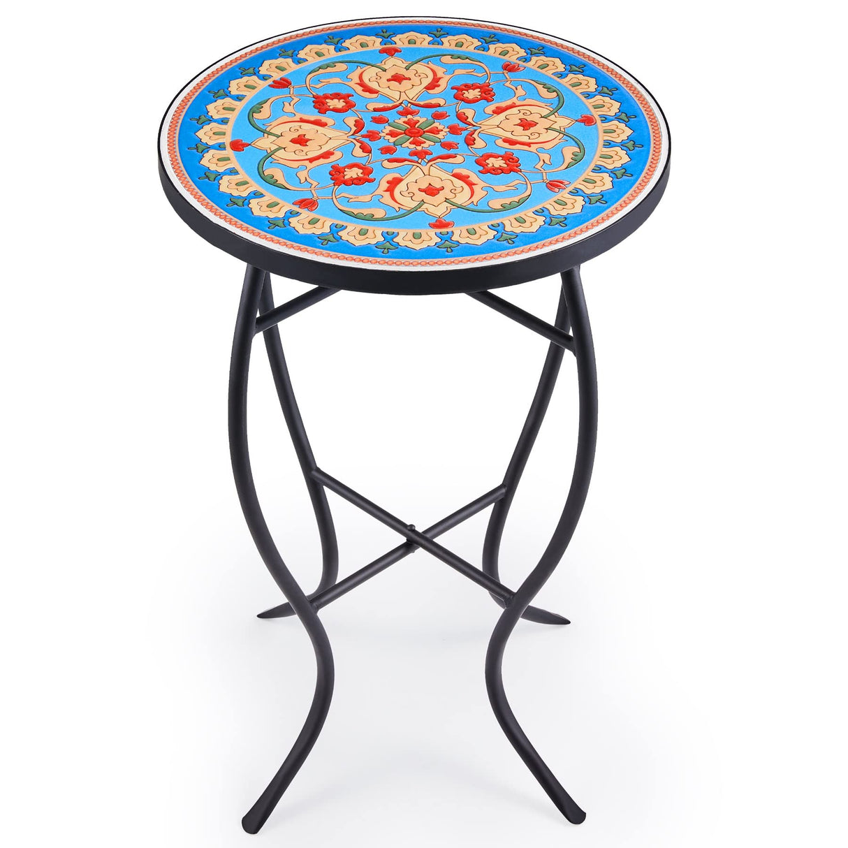 Mosaic Side Table and Plant Stand, 21" Round End Table with 14" Ceramic Tile Top