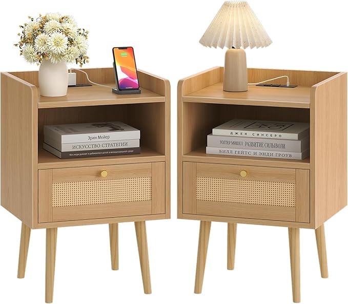Night Stand Set of 2, Bedside Tables with Charging Station