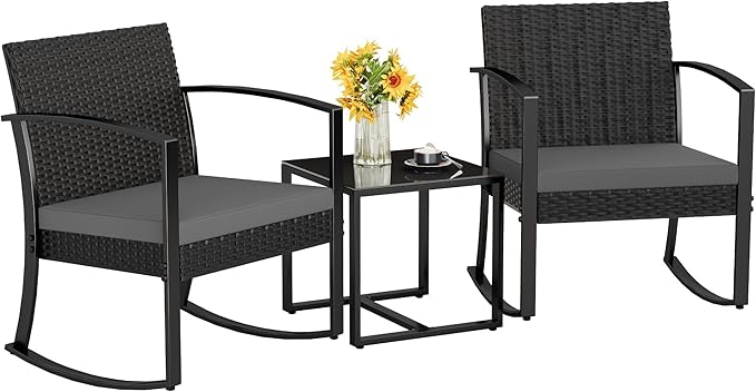 Patio Furniture Set 3 Piece Resin Outdoor Bistro Set Rocking Patio Chairs with Cushions