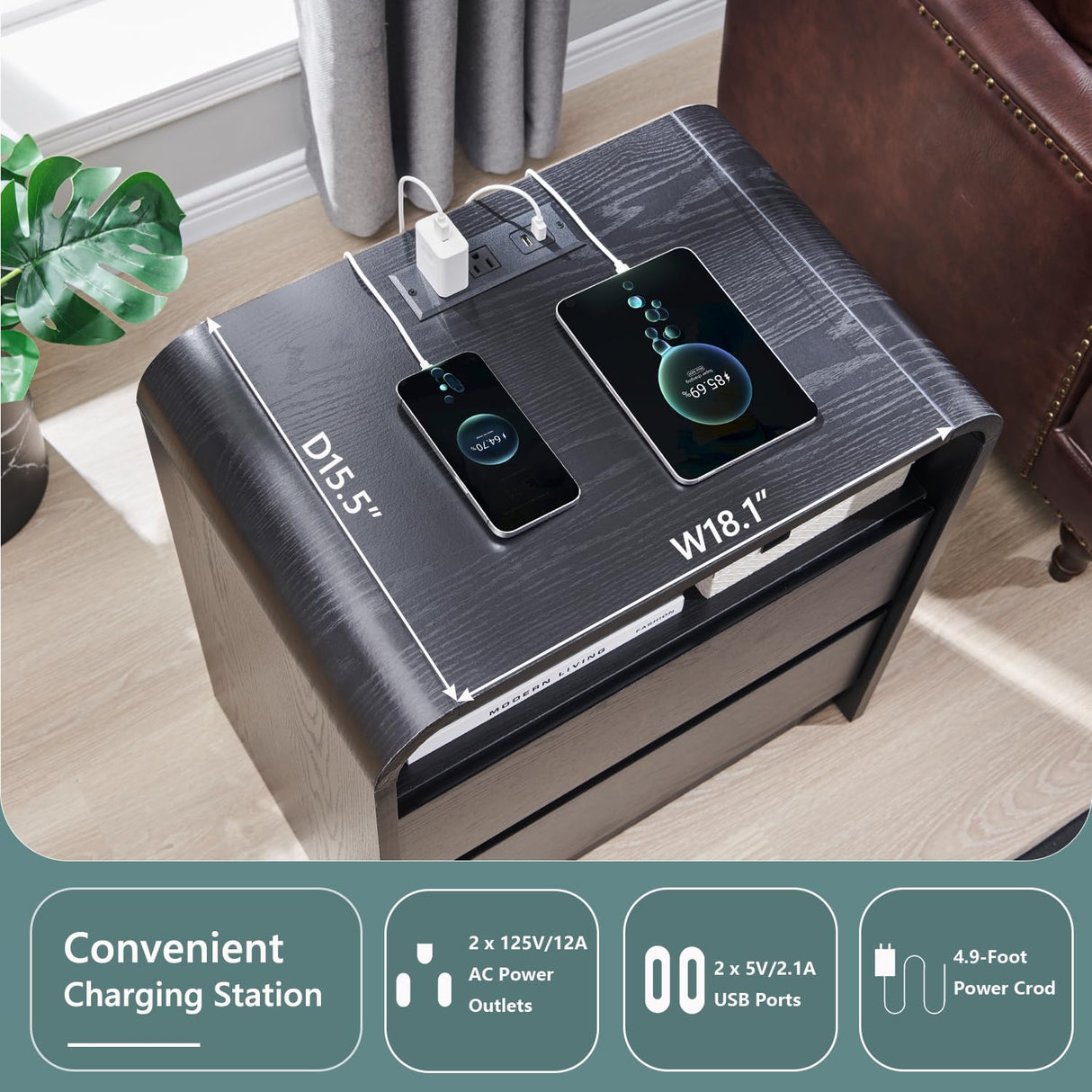 Aitjunz 25" Modern Nightstand with Charging Station & Storage Drawers