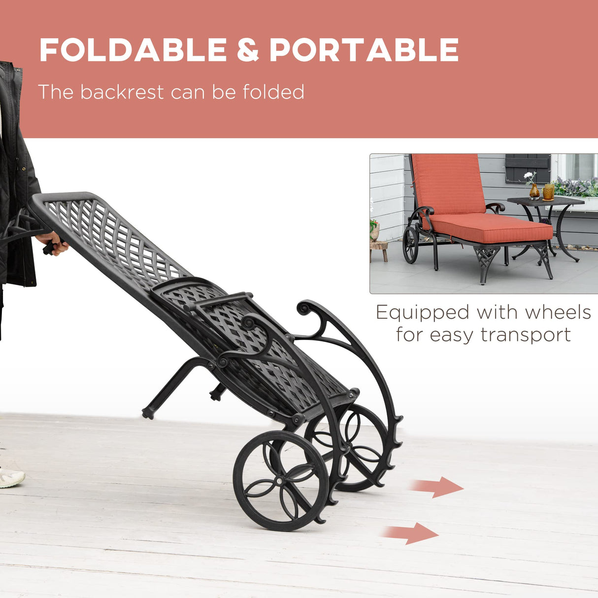 Aluminum Adjustable Chaise Lounge Chair, Folding 4-Position Patio Recliner, Wheels