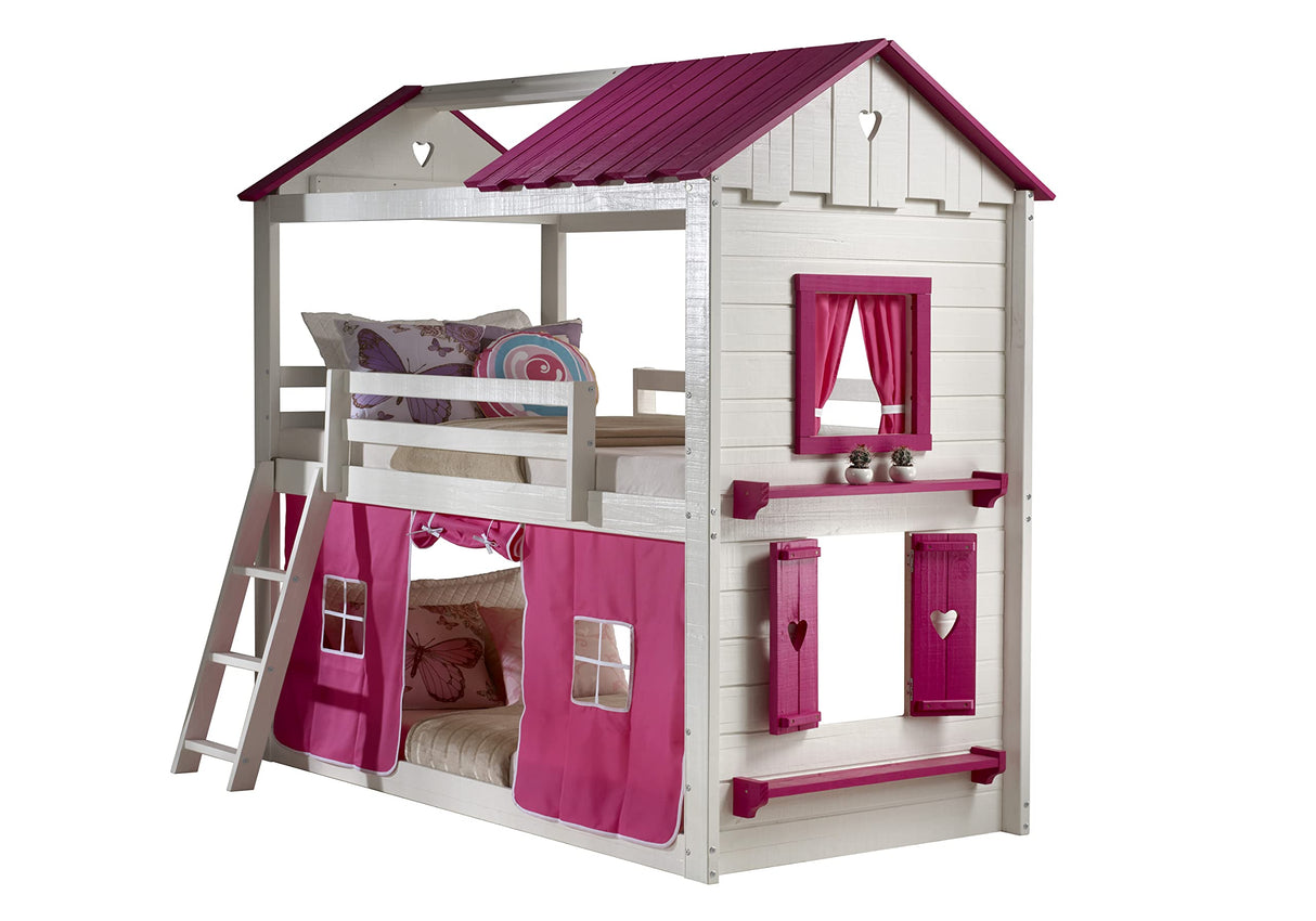 Sweet Heart Novelty Twin Over Twin Bunkbed in White & Pink Finish with Pink Tent
