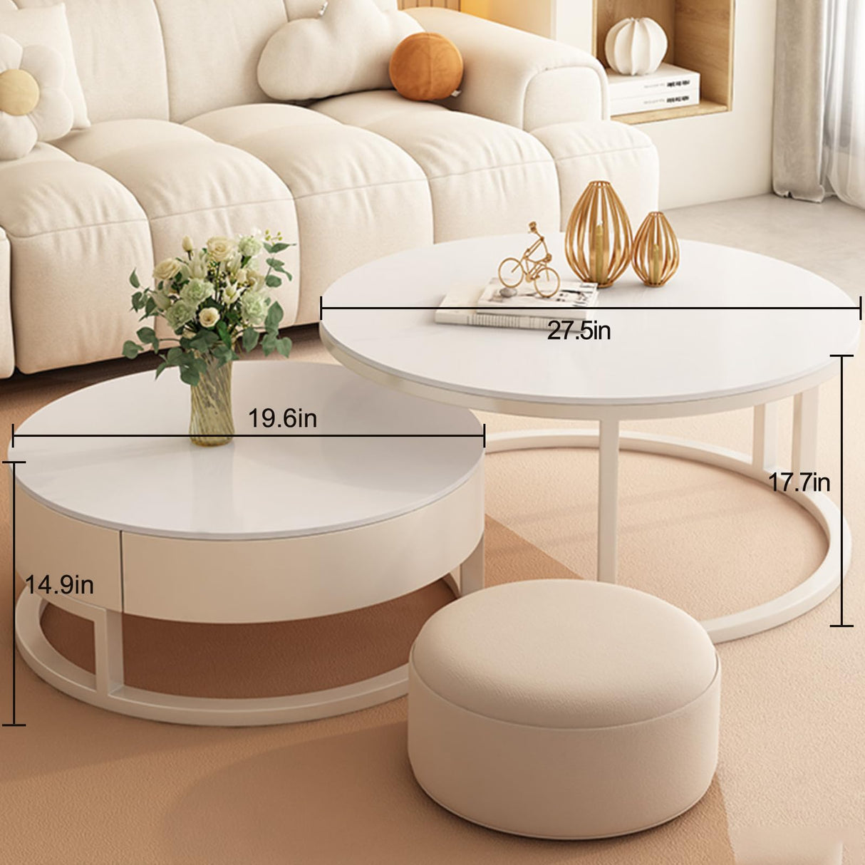 Kadaligh 28IN Nesting Coffee Table - Round Nested Coffee Table with High