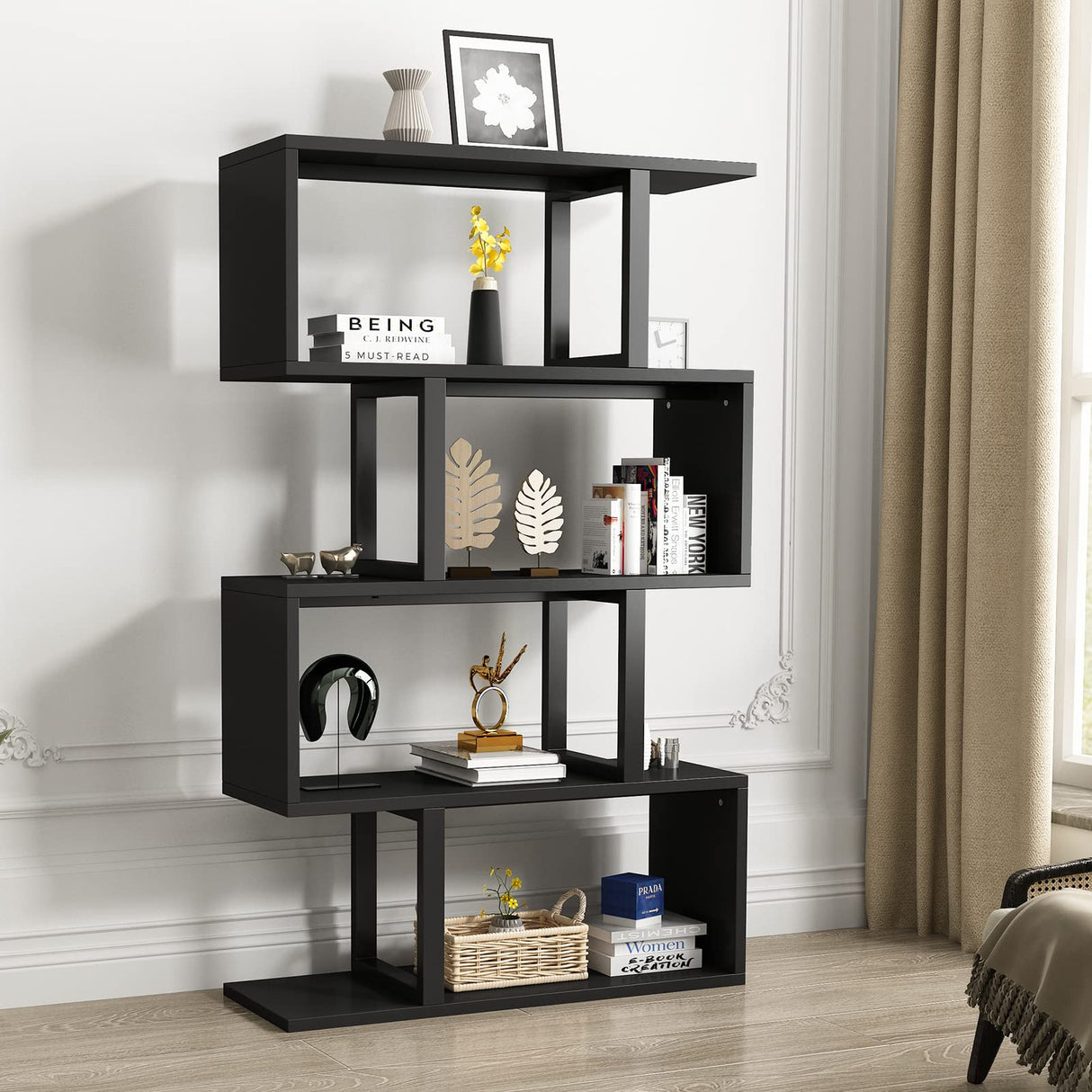 5-Tier Bookshelf, S-Shaped Z-Shelf Bookshelves and Bookcase, Modern Freestanding Multifunctional Decorative Storage Shelving for Living Room Home Office, Black