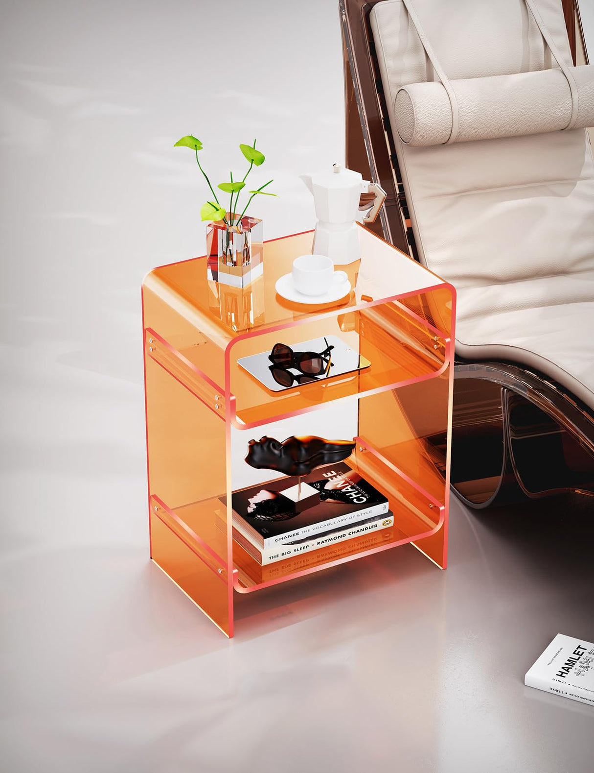 Storage Shelf, Clear Side Table Nightstand (Orange)