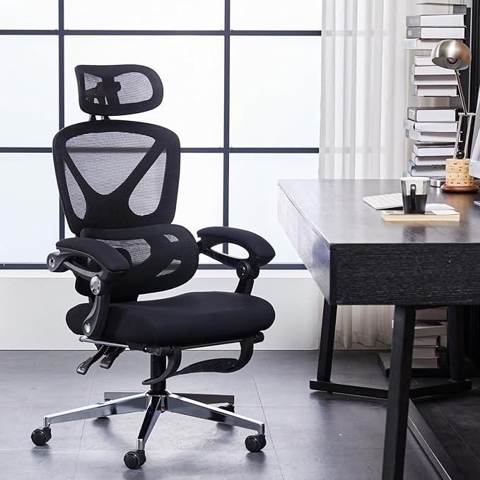 Office Computer Chair with Footrest, Mesh Swivel Backrest, Adjustable Backrest and Lumbar Support, Comfortable Adjustable Headrest with Armrests for Home