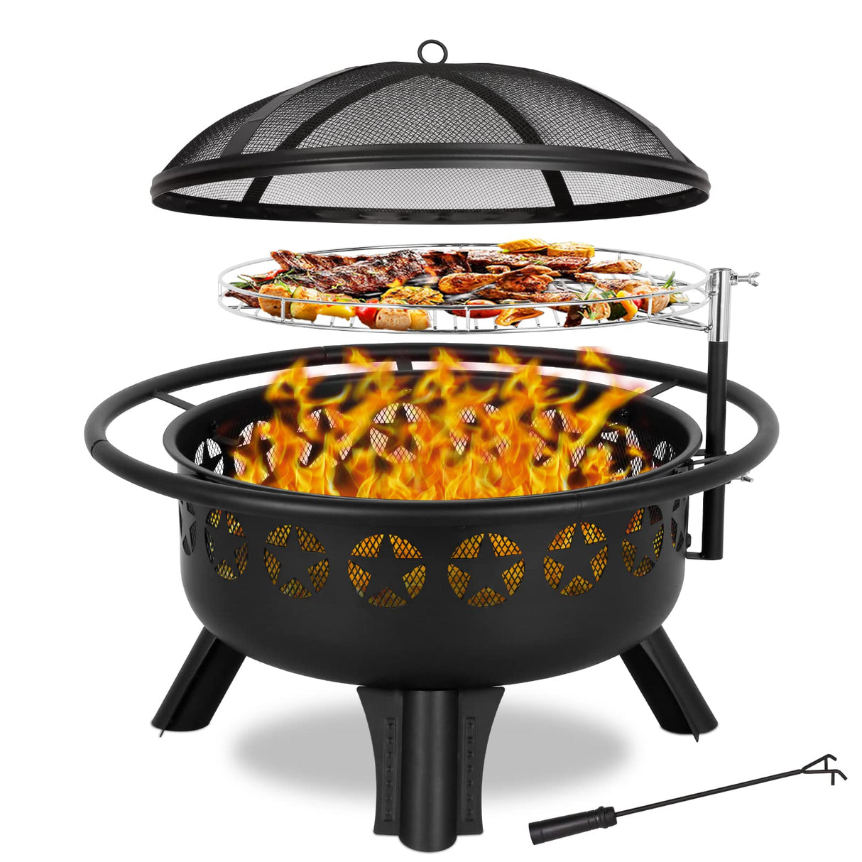 Hykolity 2 in 1 Fire Pit with Grill, Large 31" Wood Burning Fire Pit with Swivel Cooking Grate Outdoor Firepit for Backyard Bonfire Patio Outside Picnic BBQ, with Spark Cover, Fire Poker - Bircata