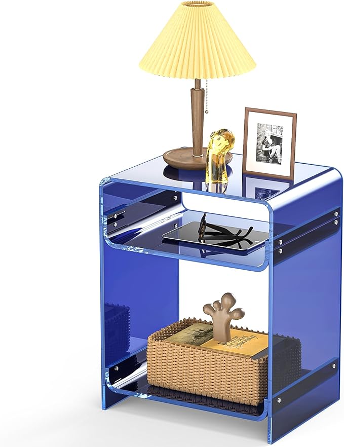 End Table Record Player Table with Storage Shelf Clear Side Table Nightstand, Orange