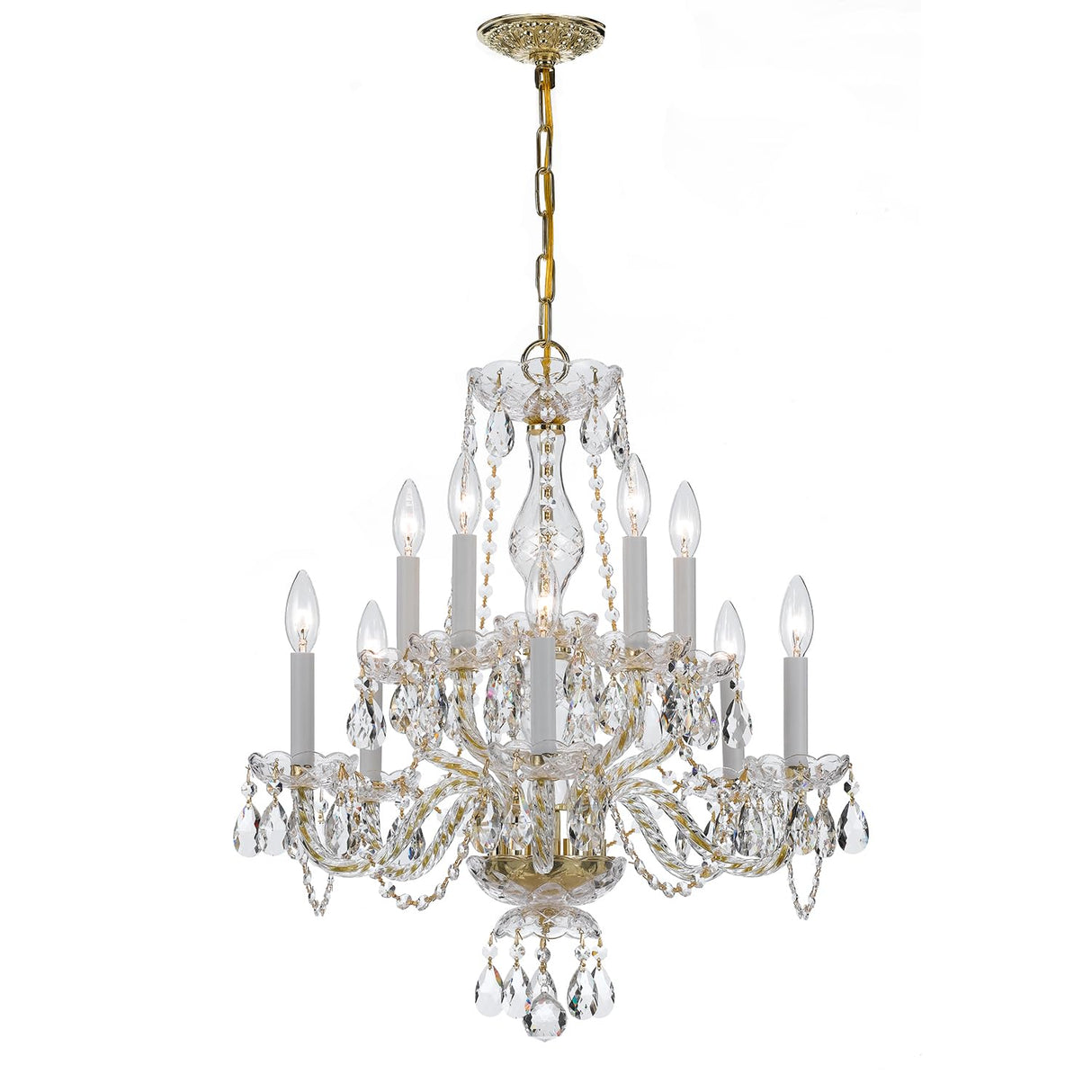 10 Light Clear Italian Crystal Polished Brass Chandelier