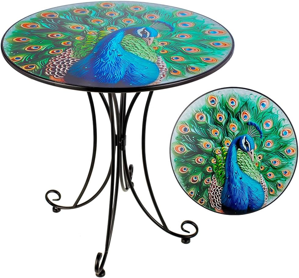 Outdoor Side Table,18 Inch Metal Accent Table, Peacock Round End Tables
