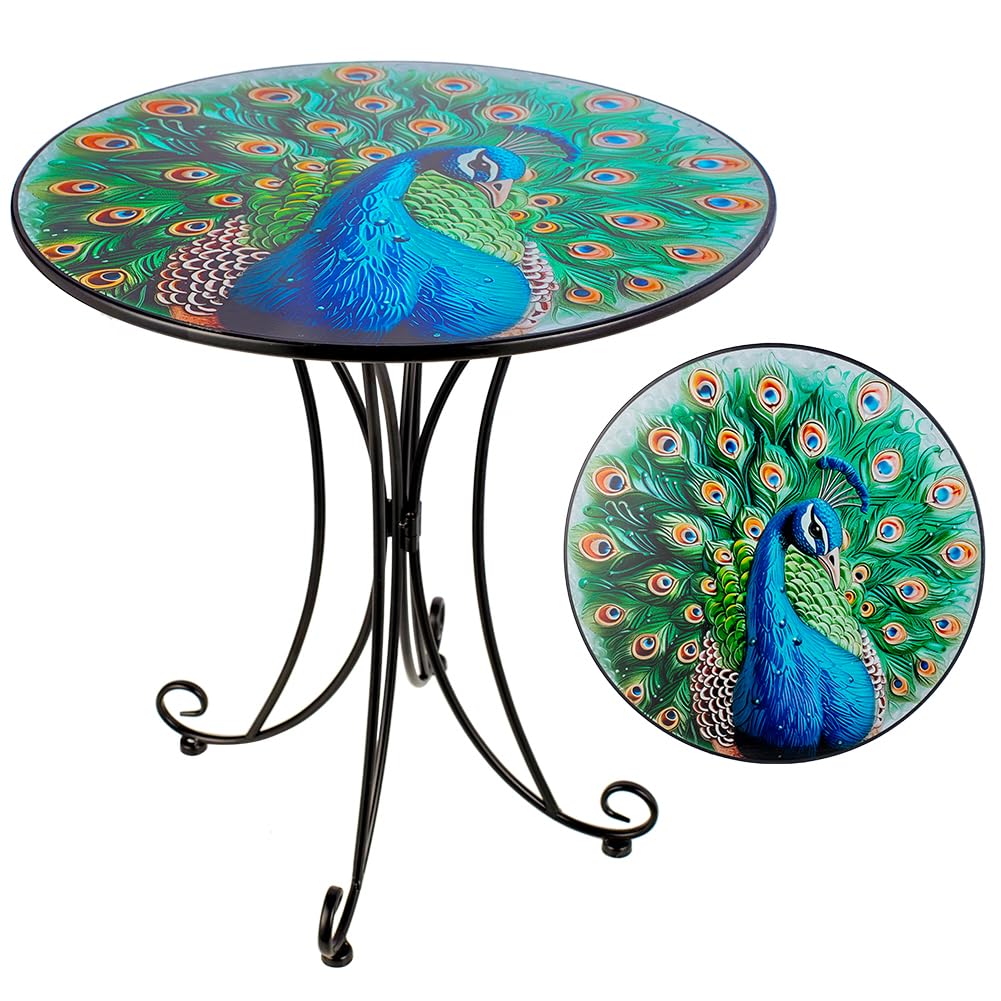 Outdoor Side Table,18 Inch Metal Accent Table, Peacock Round End Tables