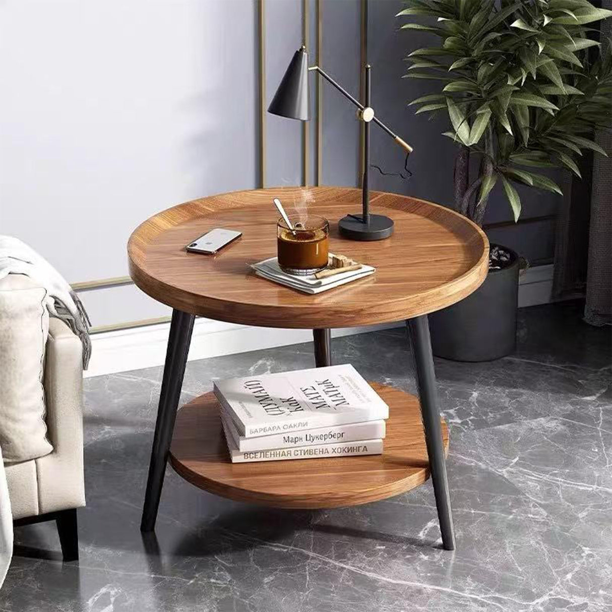 Small Round Side Table, 2-Tier Circle Coffee Table, 19.7inch Round End Table