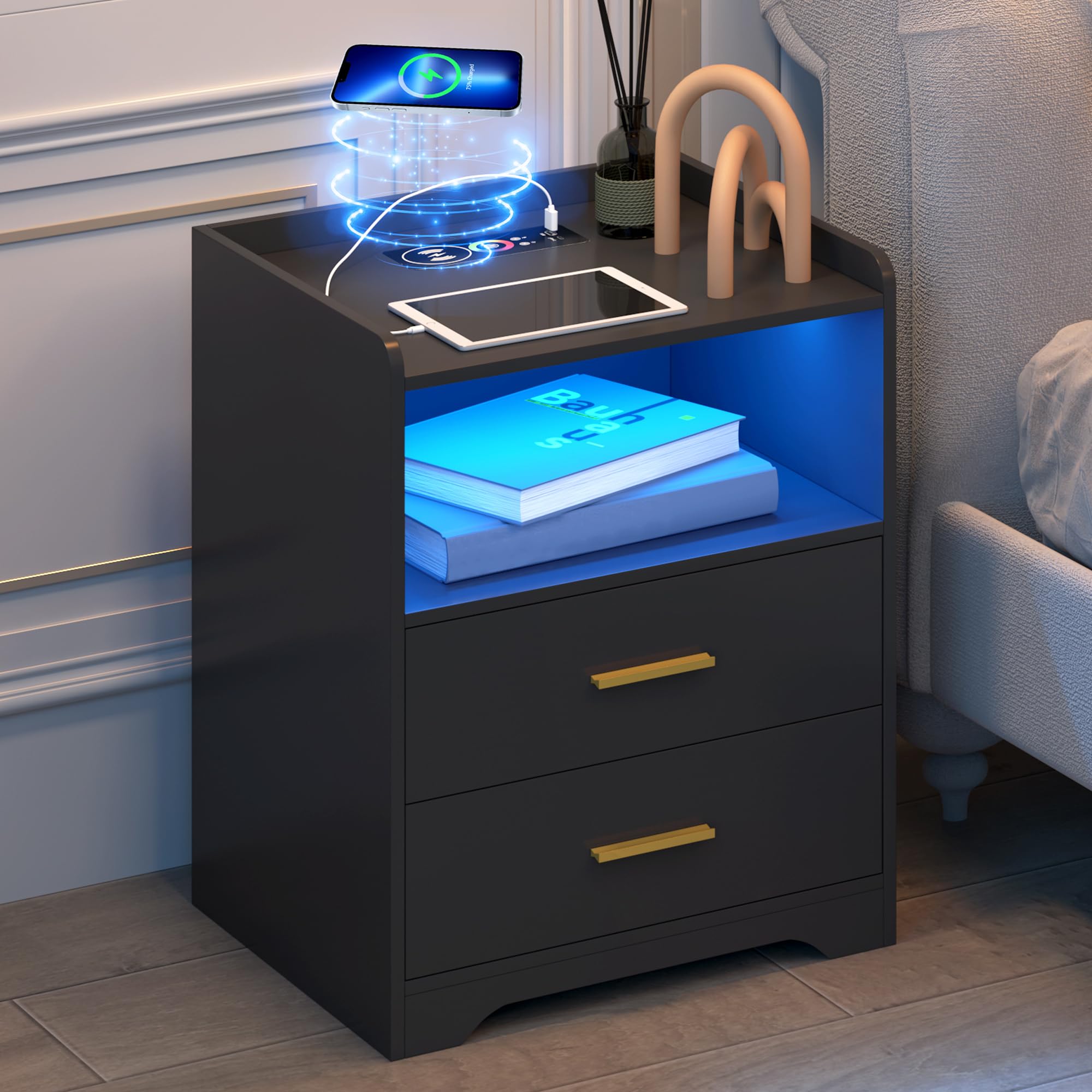 Black LED Nightstand with Charging Station, Night Stands with 24-color RGB LED Lights
