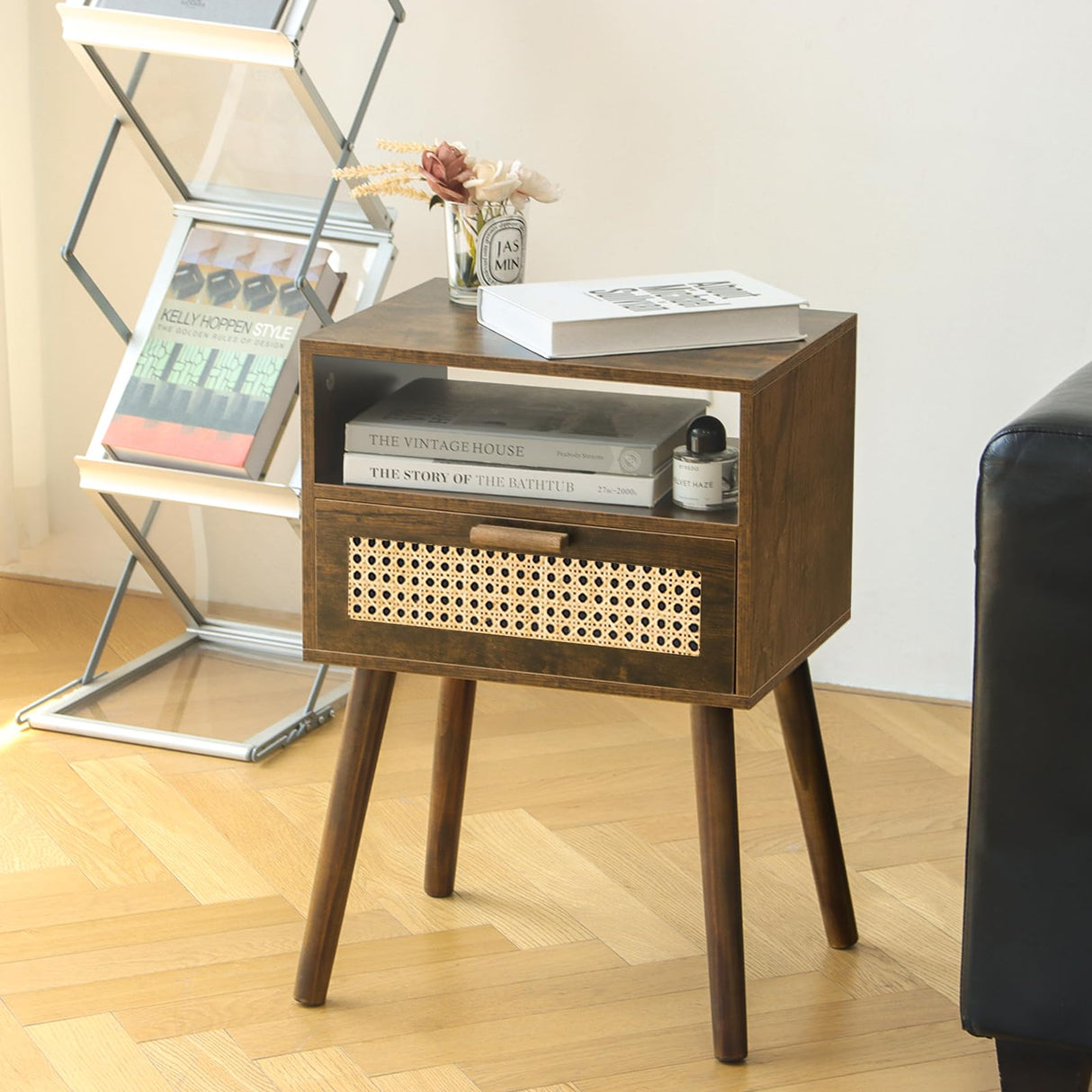 Mid Century Nightstand, Rattan Side Table