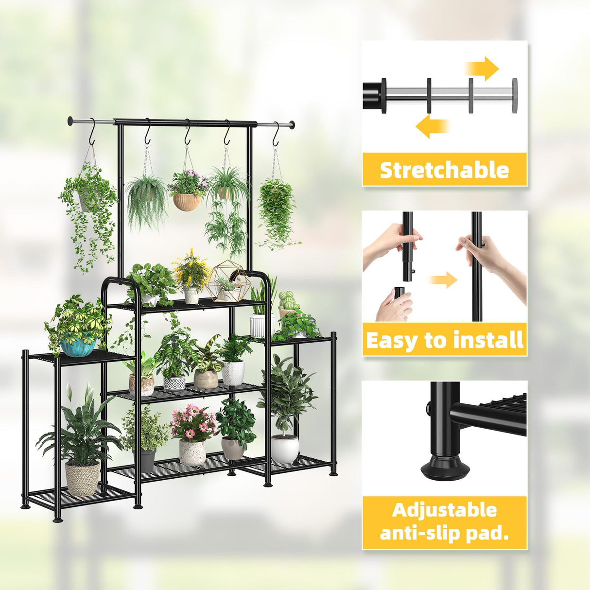 Simple Trending Plant Stand Indoor Outdoor, Metal 3 Tier Tall Hanging Plant Shelf for Multiple Flower Planter Large Heavy Duty Ladder Plant Holder for Garden, Black