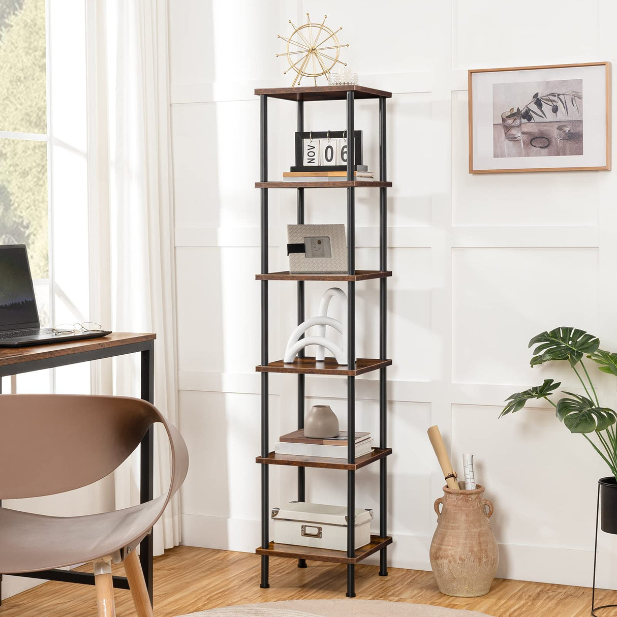 6-Tier Corner Shelf, Corner Square Rack Display Shelf, Tall Storage Rack Plant Stand, Corner Bookcase for Small Spaces, Living Room, Home Office, Kitchen, Rustic Brown and Black BF55CJ01