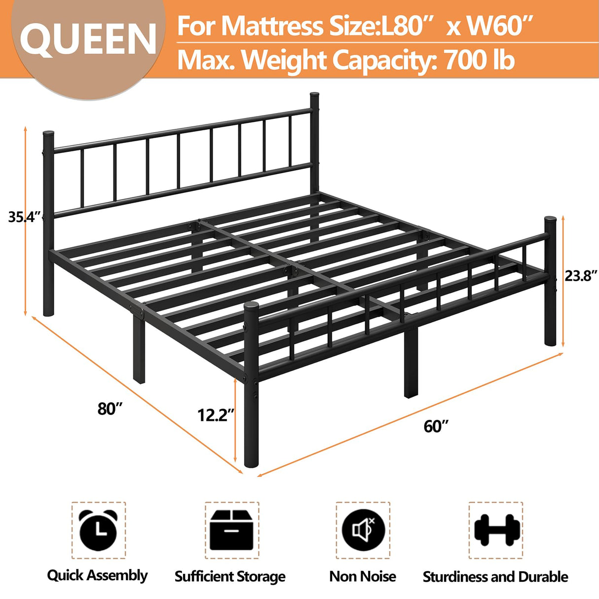 Queen Size Metal Bed Frame with Headboard & Footboard - 14 Inch Platform with Steel Slat Support