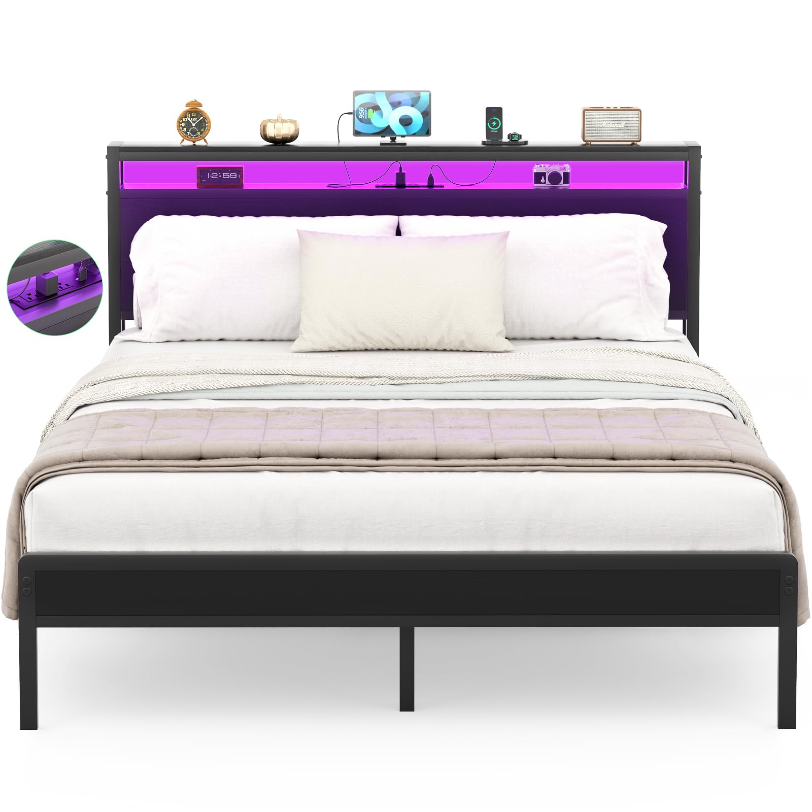 Queen Size Bed Frame with Charging Station and Led Lights, Industrial Metal Platform Bed with Storage Headboard, Steel Slat Support, No Box Spring Needed, Noise-Free, Easy Assembly, Black