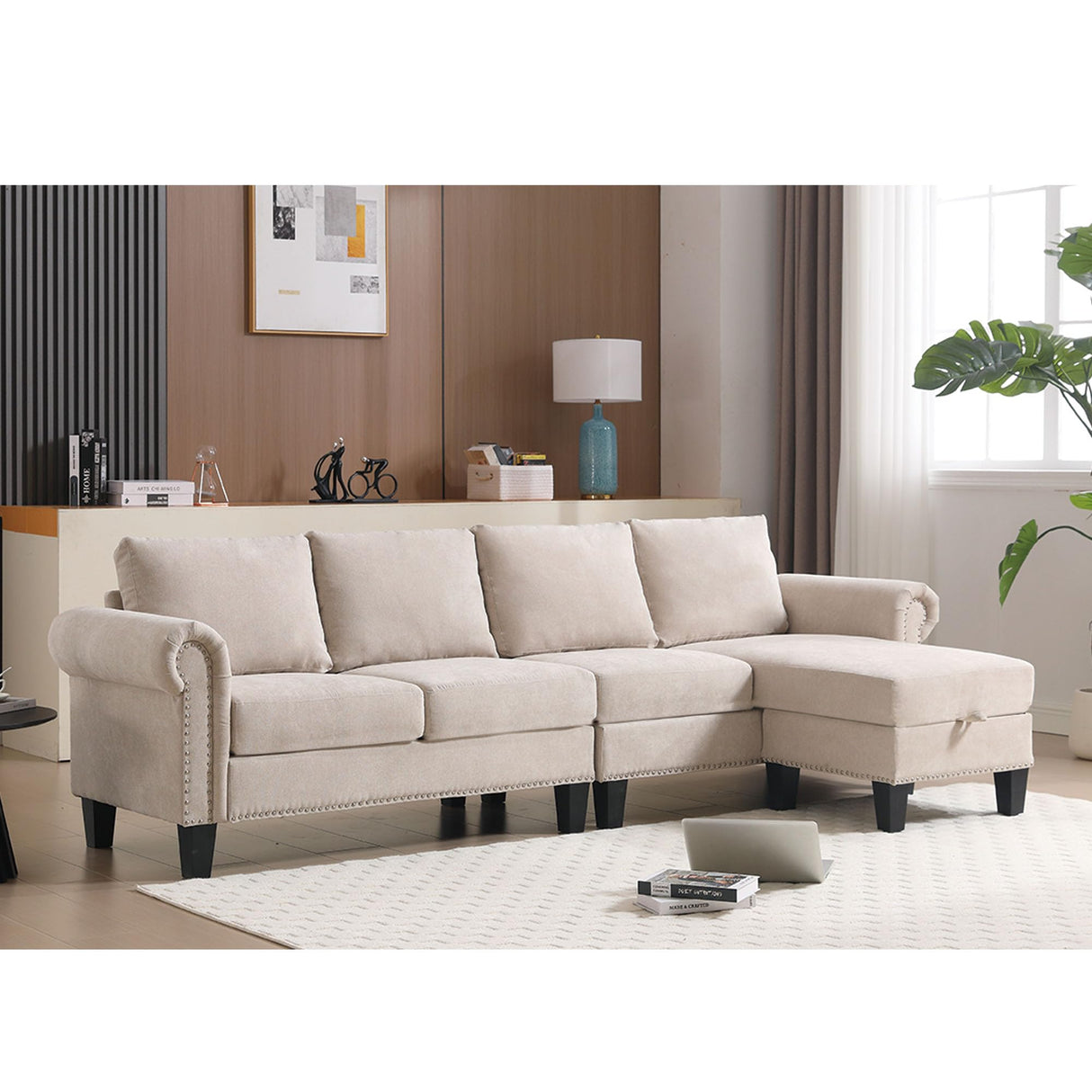 Oueeedd 4-Seater Convertible L-Shaped Sectional Sofa with Storage Ottoman