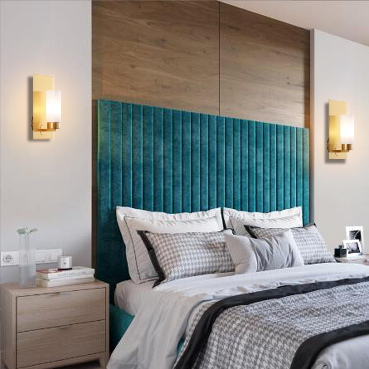 Brushed Brass Gold Wall Sconces Set of Two Modern Mid Century Bathroom Vanity Light