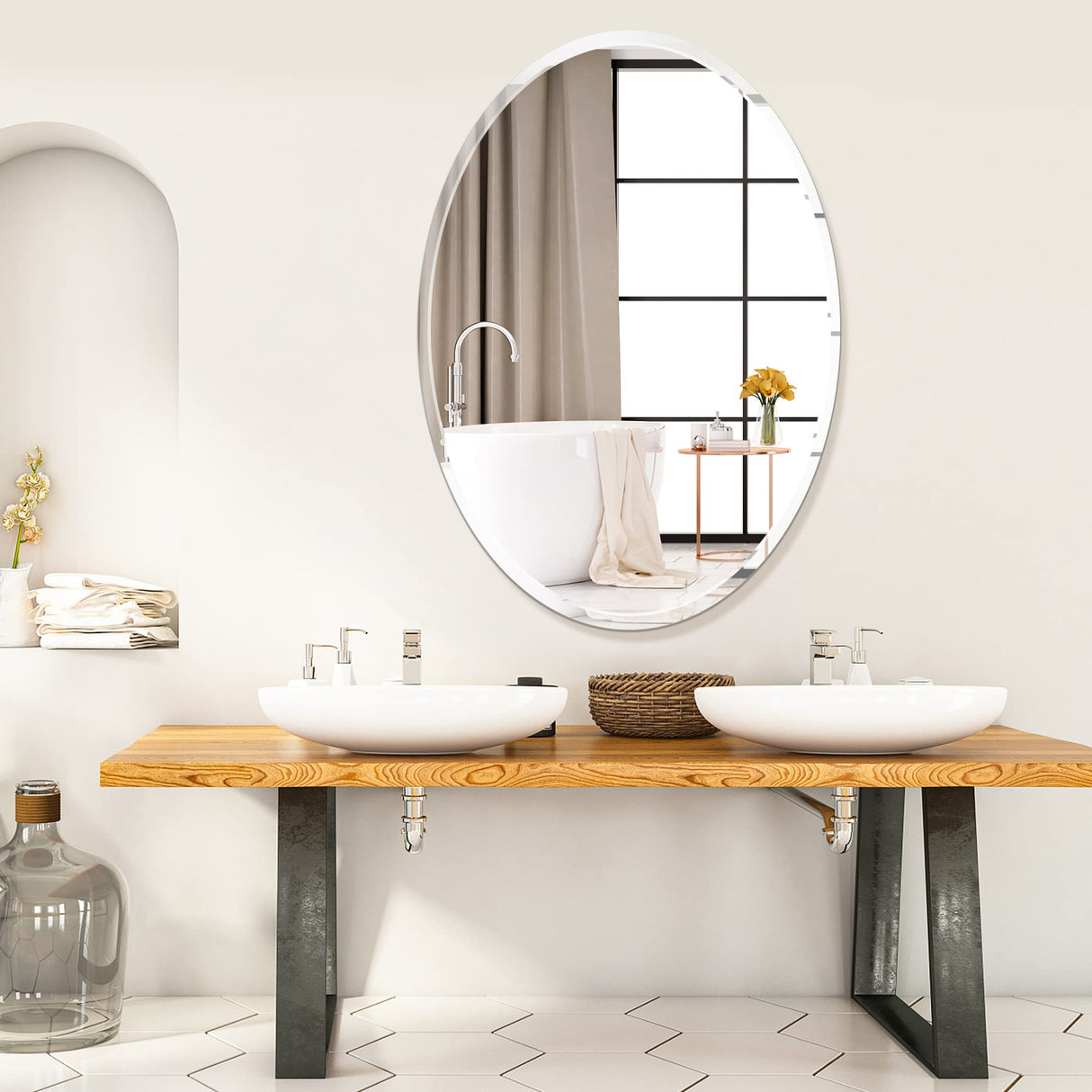 Inch Oval Mirror for Bathroom Beveled Edge Frameless Oval Wall Mirror for Over Sink,
