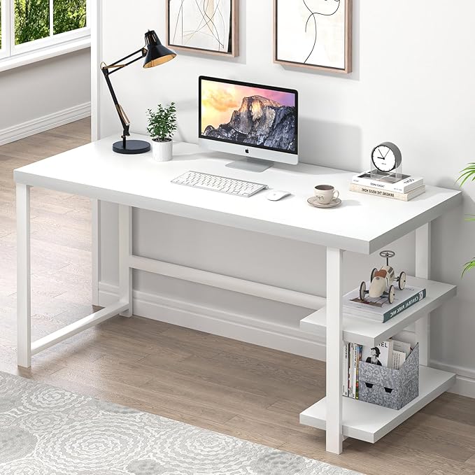 Home Office Wood Computer Desk with Drawers and Pull-Out Keyboard Tray
