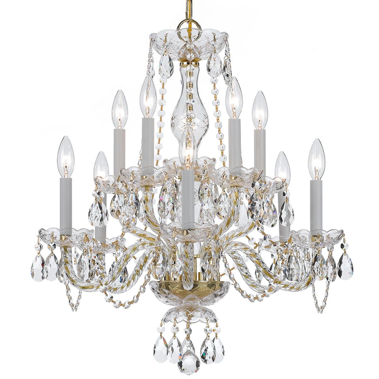 10 Light Clear Italian Crystal Polished Brass Chandelier