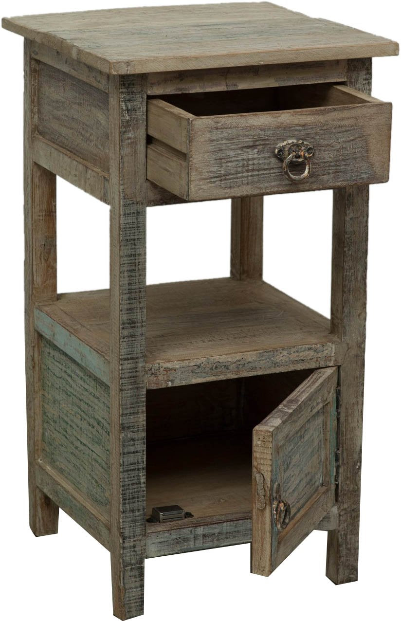 Recycled Solid Wood Made, Antiqued Finish W40xDP25xH50 cm Sized Bedside Table