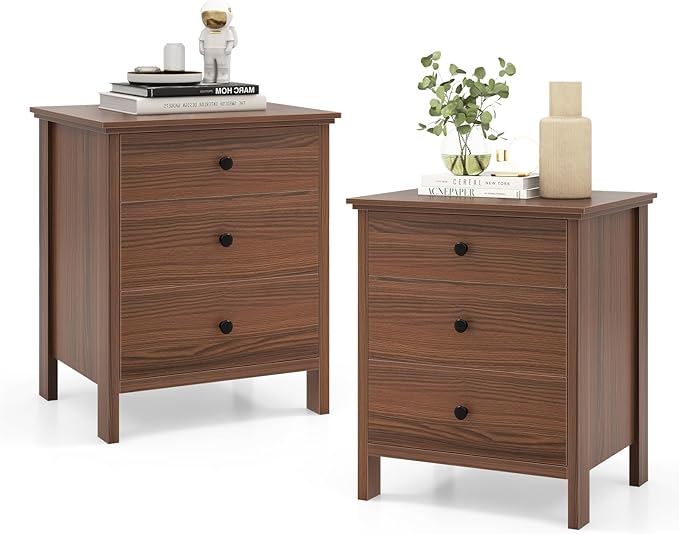 Nightstand with 3 Drawers Set of 2, Wooden Side End Table
