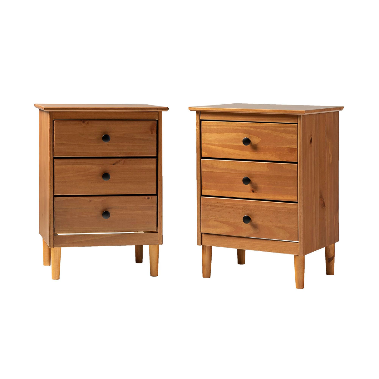 Myron Modern 2 Piece Solid Wood 3 Drawer Nightstand Set, 2 Pack, Caramel