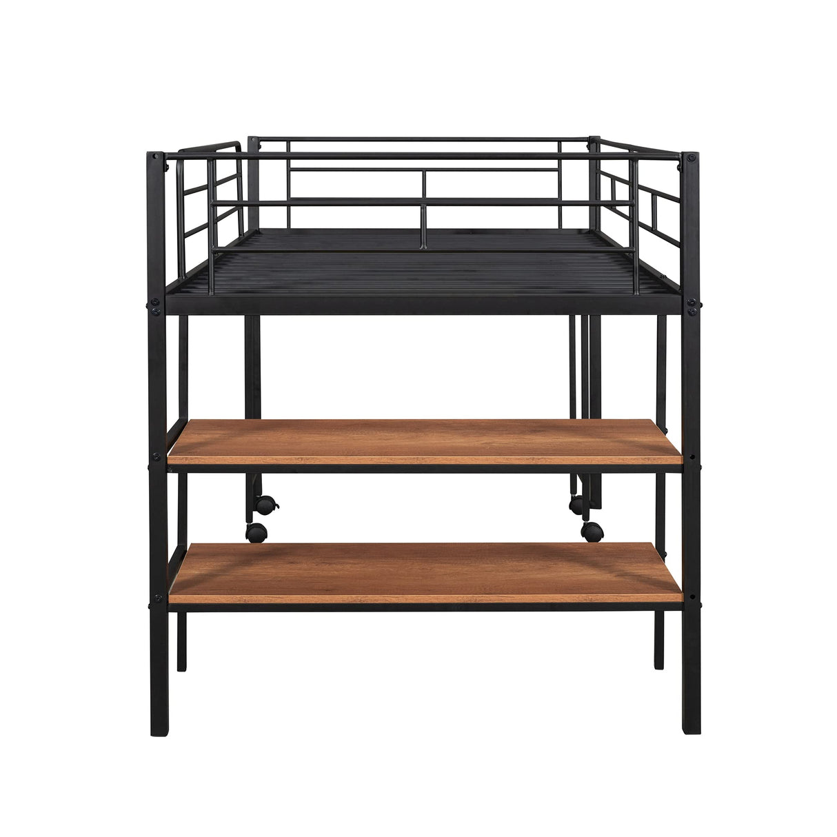 Twin Size Loft Bed with Desk and Storage Shelves,Metal Twin Size Bed with Rolling Portable Desk, Low Loft Bed with Full-Length Guardrail for Kids Boys Girls Teens(Black)