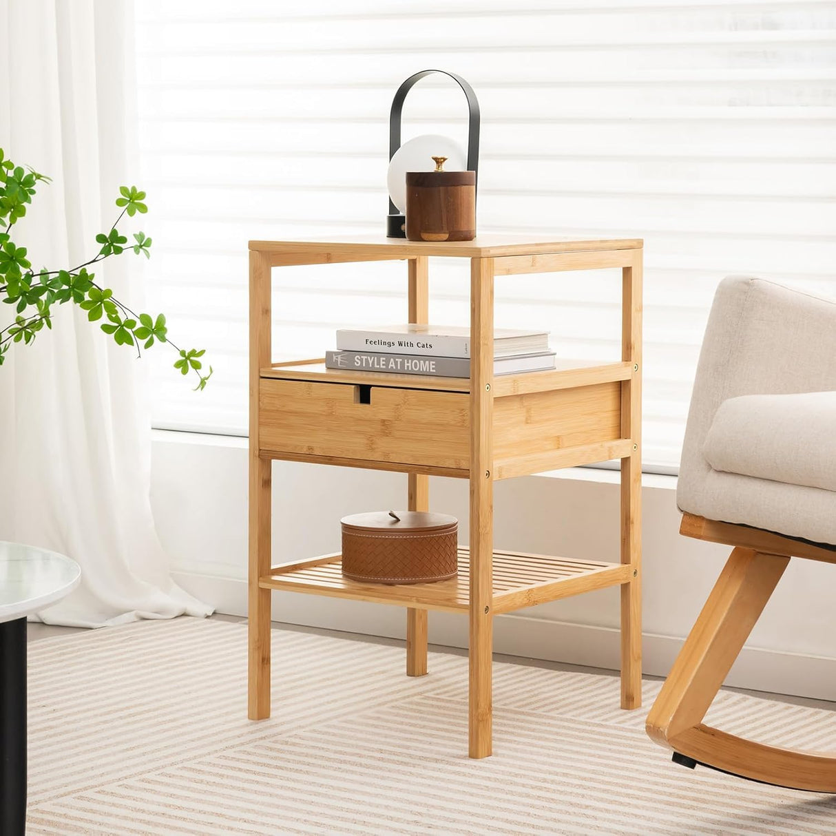 Bamboo Nightstand, Wood Side Table with Drawer and 2 Storage Shelves, Multifunctional