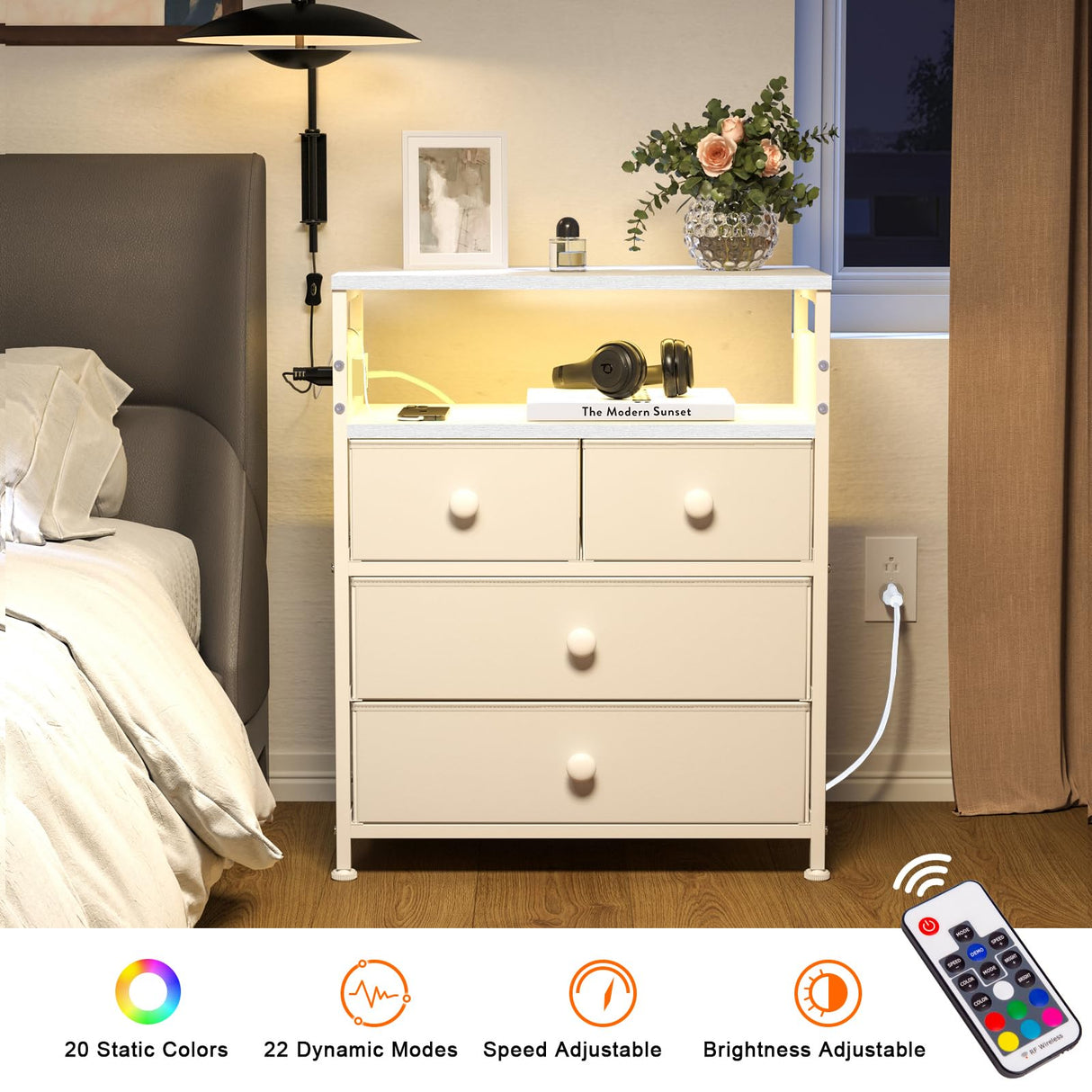 Nightstand with Charging Station, Bedside Table with 4 Drawers and 2-Tier Shelf, Modern