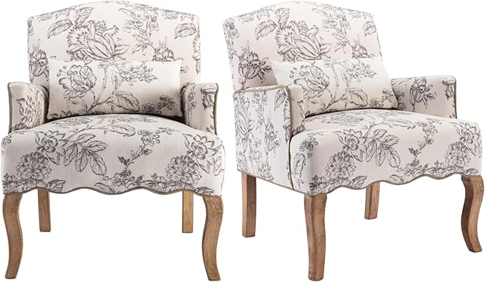 Mid Century Accent Chairs Modern Floral Armchair Upholstered Reading Chair Linen