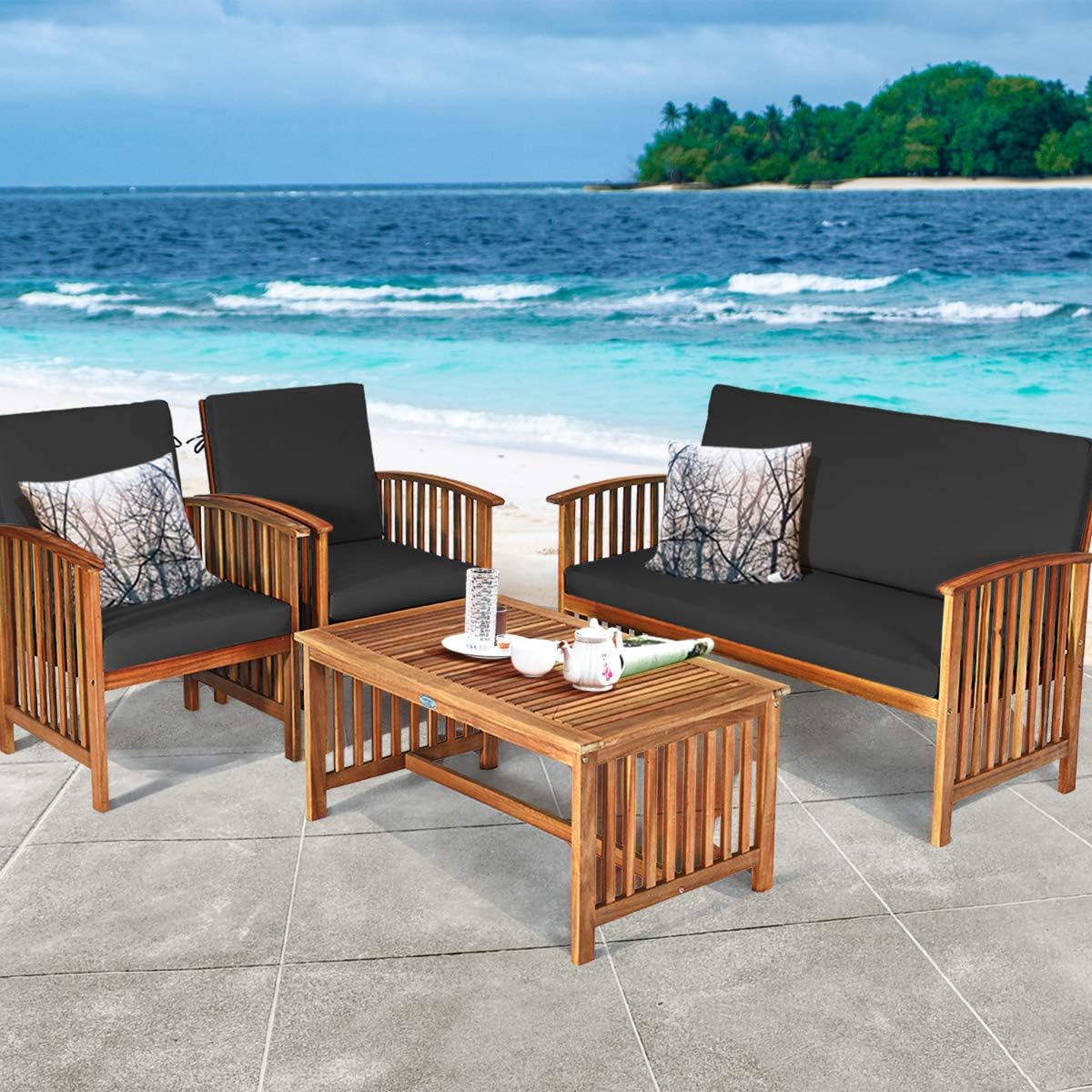 Outdoor 4 PCS Acacia Wood Sofa Set w/Water Resistant Cushions