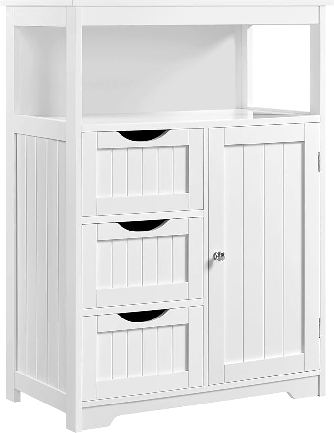 Bathroom Floor Cabinet Wooden Storage Organizer with 1 Door and 3 Drawers, Free-Standing Cupboard