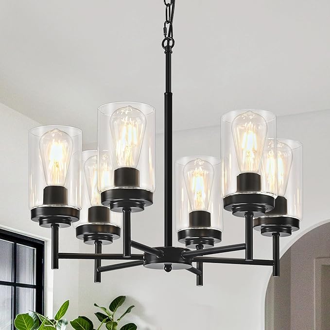 YUEMZS 5-Light Farmhouse Glass Chandelier, Modern Black Chandelier for Living Room Light Fixture, Industrial Chandeliers for Kitchen, Dining Room, Foyer, Entryway