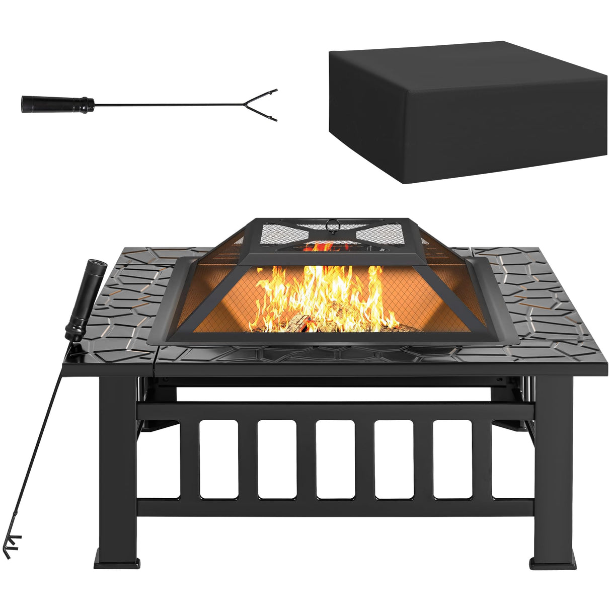 Rankok 32" Multifunctional Outdoor Fire Pit Table with Spark Screen, Fire Grate and Poker Metal Square Fireplace for Outdoor Heating, Backyard BBQ, Camping and Garden Bonfire Party - Bircata