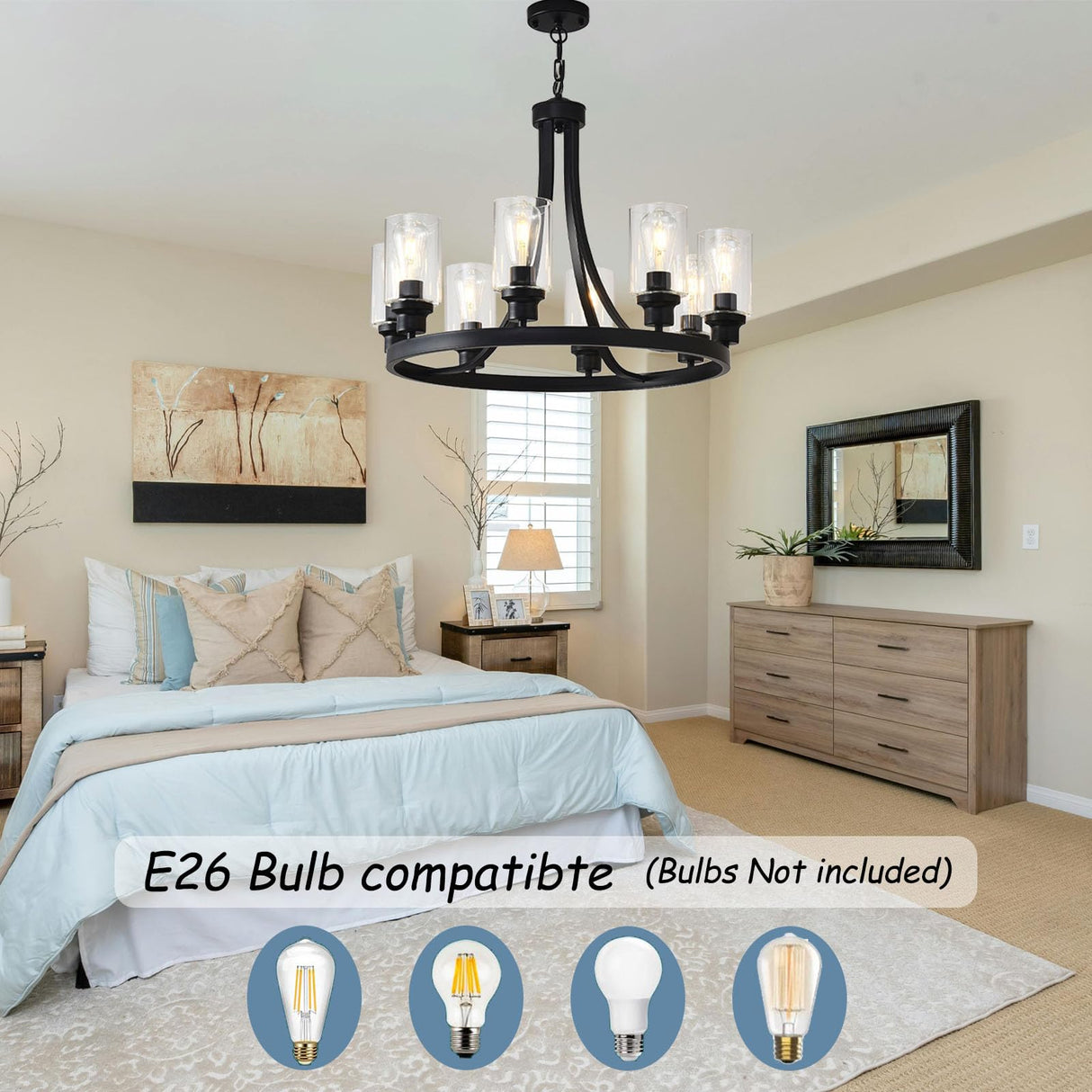 LOFTPLUS Farmhouse Chandelier Black Dining Room Light Fixture 8-Light Ceiling Hanging Rustic Wagon Wheel Chandeliers for Living Room Bedroom Foyer Porch Kitchen Island