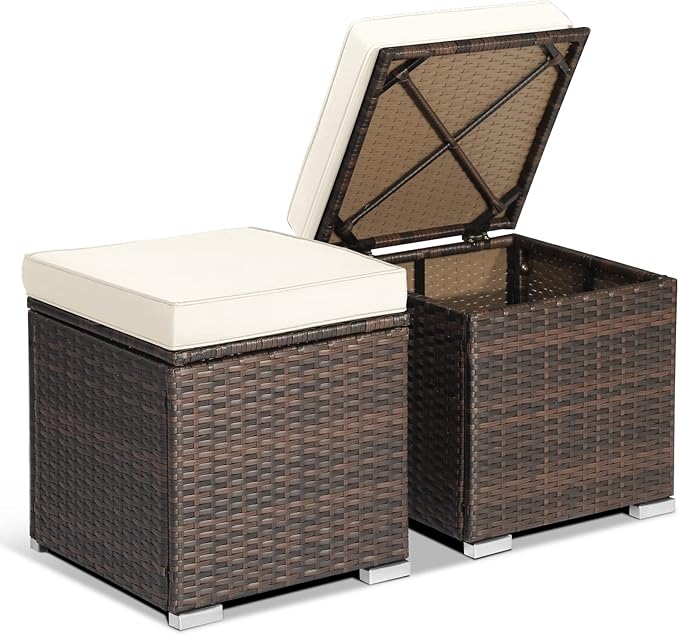 2-Pieces Patio Ottoman Set Outdoor Wicker Stool with Storage, Rattan Footrest Ottoman