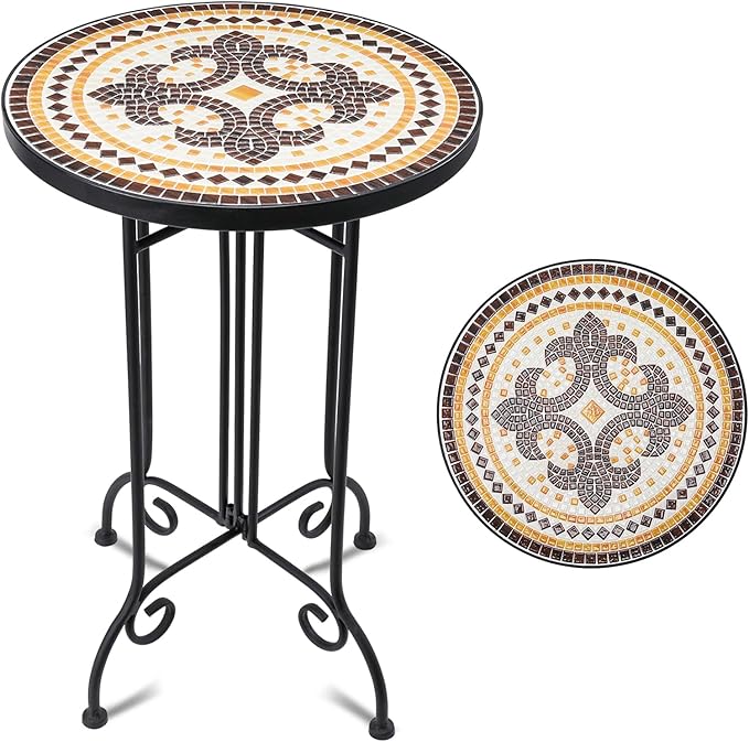 Mosaic Outdoor Side Table, Round Rustproof Patio Tables with 14" Ceramic Tile Top