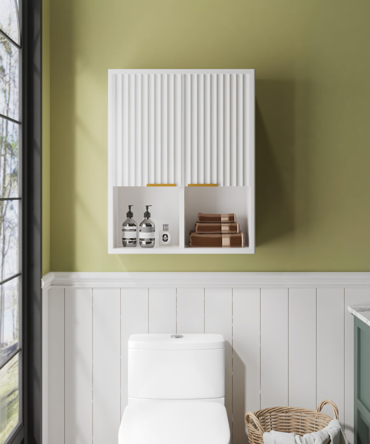 Fluted Bathroom Wall Cabinet with Motion Sensor Light, Curved Profile Wooden Medicine